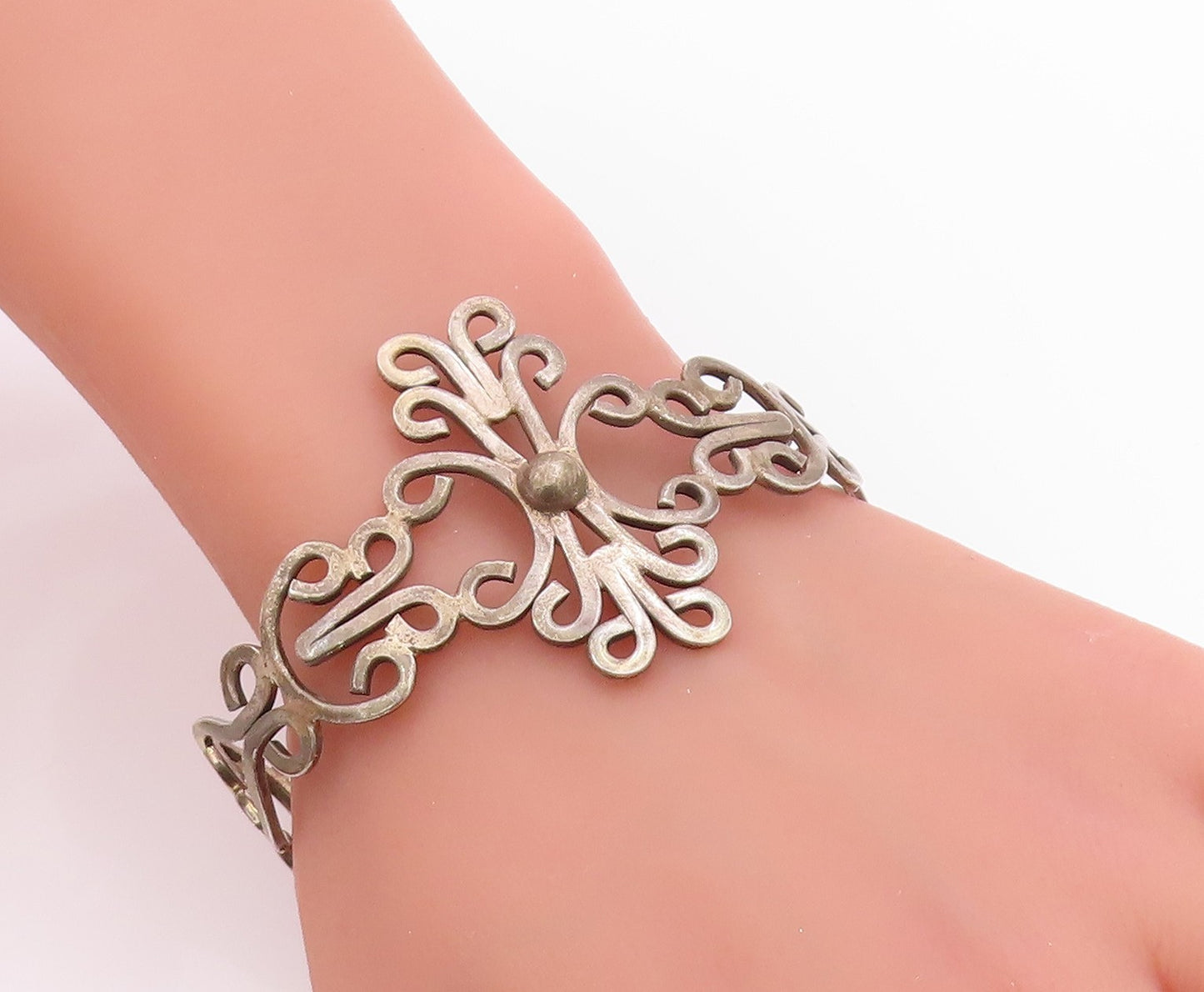 925 Sterling Silver Vintage Bracelet MEXICO Swirly Floral Design Cutout  BT11327