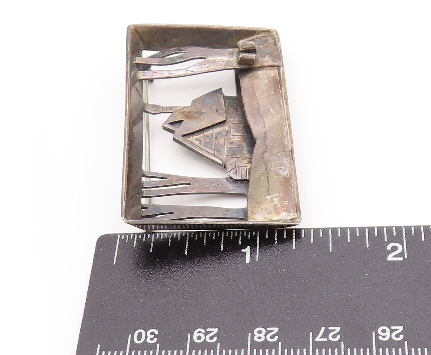 925 Sterling Silver Vintage Brooch Dark Tone House In Woods Cutout  BP11524