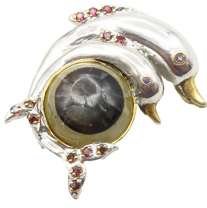 925 Sterling Silver  Vintage Quartz & Red Topaz Dolphins Brooch Pin  BP4904