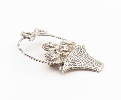 BEAU 925 Silver  Vintage Rose Flower Basket With Bow Tie Brooch Pin  BP9790