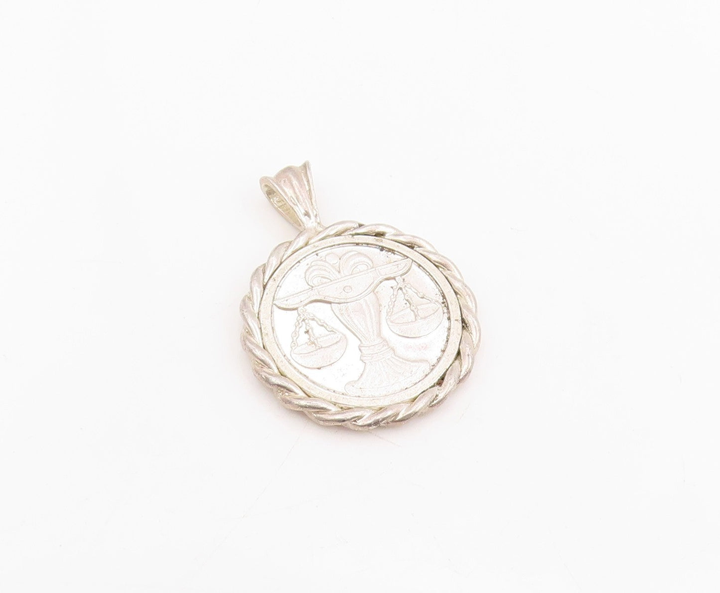 925 Sterling Silver Vintage Pendant Libra Zodiac Rope Edge Medallion  PT25760