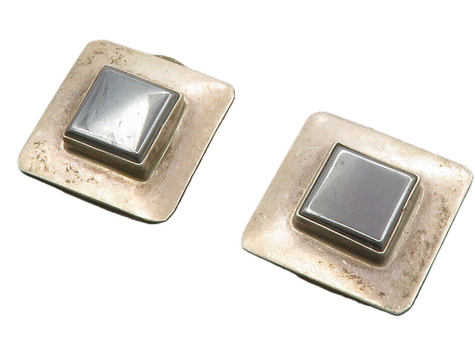 NEX 925 Sterling Silver  Vintage Hematite Square Smooth Drop Earrings  EG6876