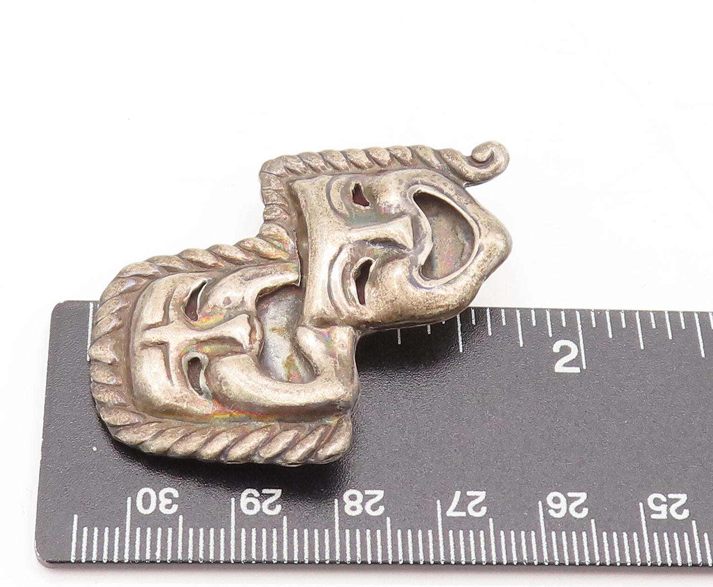 TAXCO 925  Silver  Vintage Carved Happy & Sad Mime Face Brooch Pin  BP10500