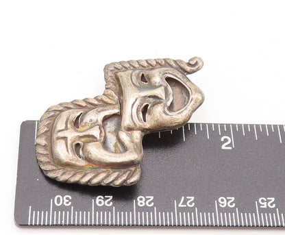 TAXCO 925  Silver  Vintage Carved Happy & Sad Mime Face Brooch Pin  BP10500