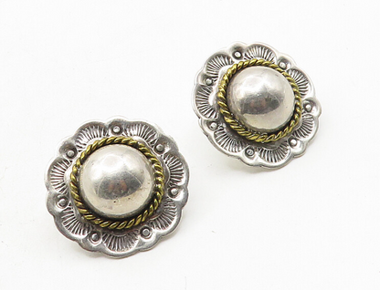 MEXICO 925 Sterling Silver  Vintage Two Tone Floral Dome Drop Earrings  EG5326