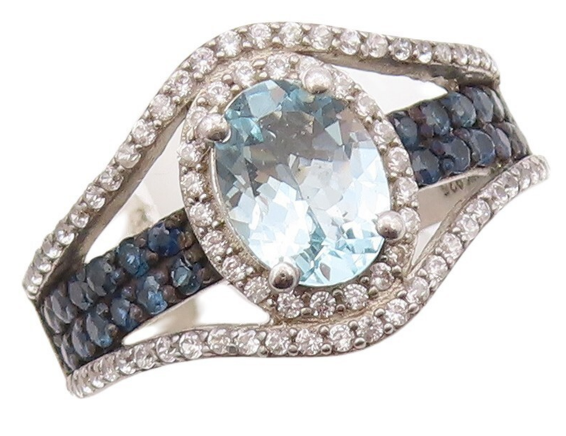 925 Sterling Silver Vintage Ring Cutout Blue & White Topaz Sapphire Sz 7 RG30842
