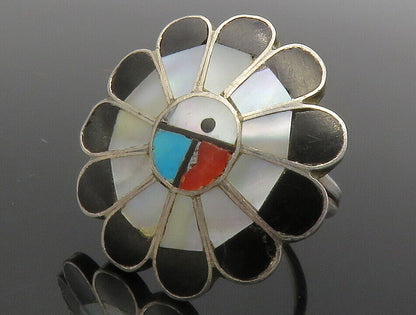 ZUNI 925 Silver  Vintage Mother Of Pearl Floral Cocktail Ring Sz 7  RG12712