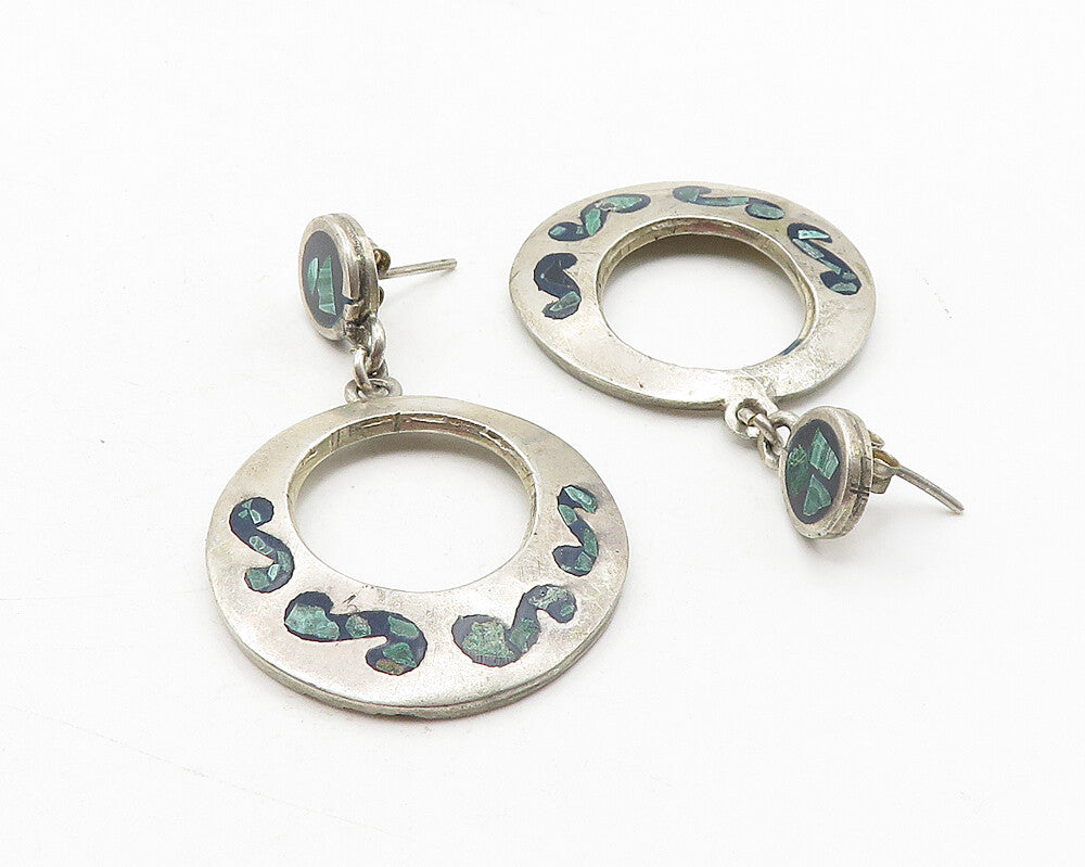 MEXICO 925 Sterling Silver  Vintage Inlaid Turquoise Dangle Earrings  EG5932