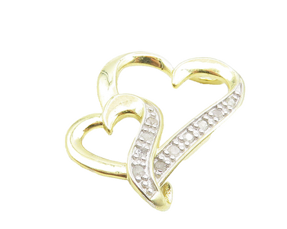 925 Sterling Silver  Shiny Genuine Diamonds Gold Plated Hearts Pendant  PT8010