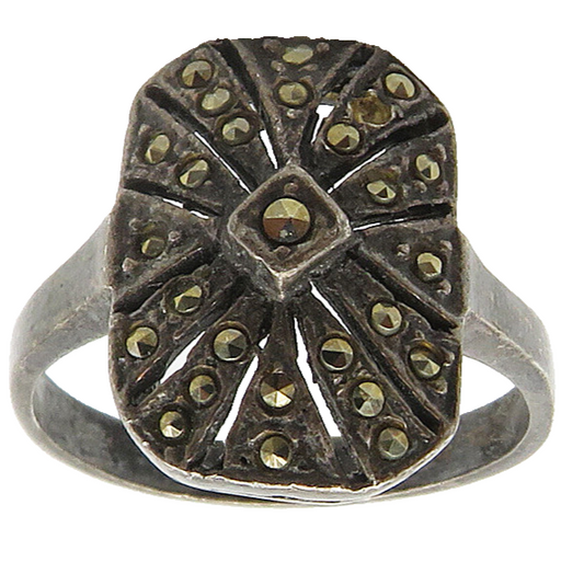 925 Sterling Silver  Vintage Shiny Marcasite Dark Tone Band Ring Sz 6  RG16069