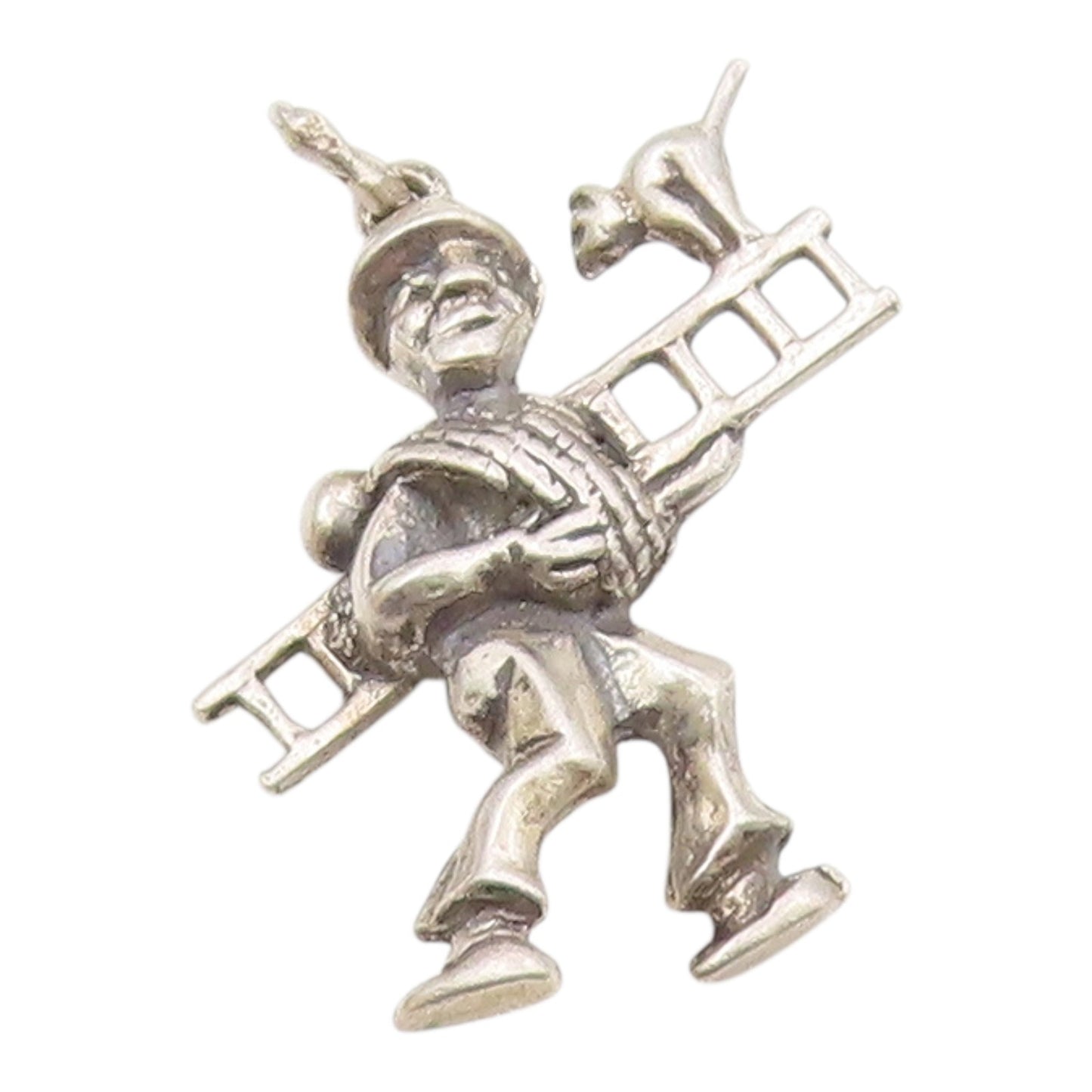 925 Sterling Silver  Vintage Shiny Man Carrying Ladder & Cat Pendant  PT17456