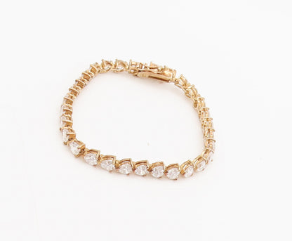 925 Sterling Silver  Vintage Gold Plated Heart Cut CZ Tennis Bracelet  BT9997