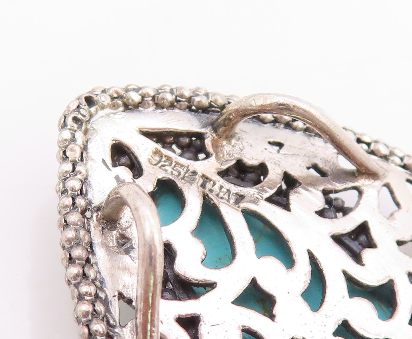 925 Sterling Silver Vintage Pendant Marquise Cut Turquoise Openwork Leaf PT25842