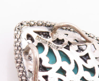 925 Sterling Silver Vintage Pendant Marquise Cut Turquoise Openwork Leaf PT25842