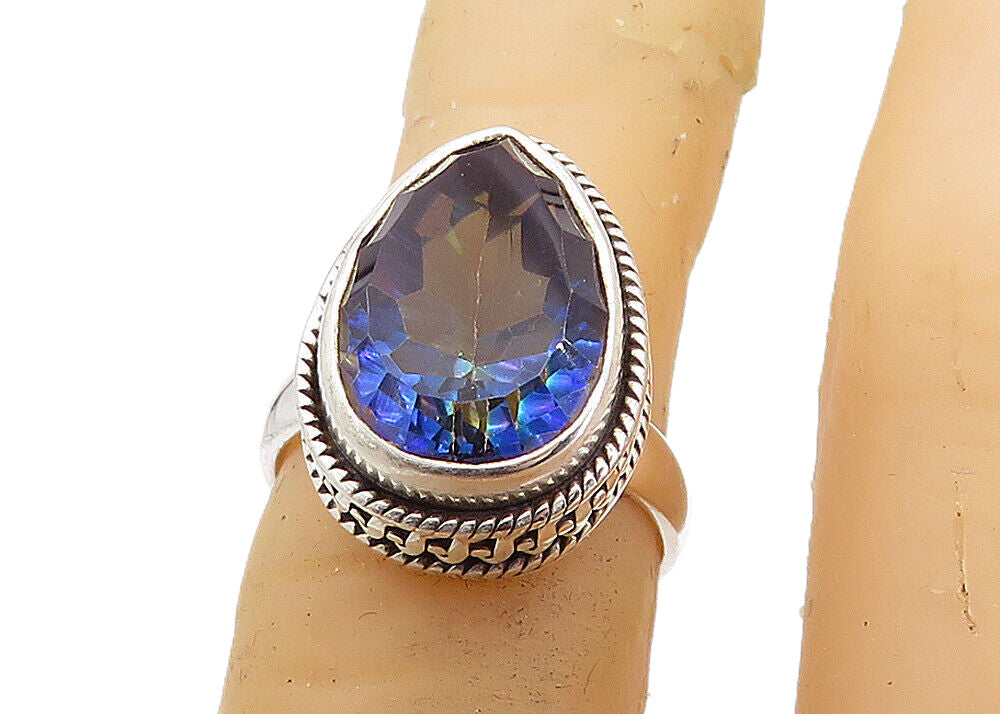 925 Sterling Silver  Faceted Tear Drop Topaz Shiny Cocktail Ring Sz 5  RG7936