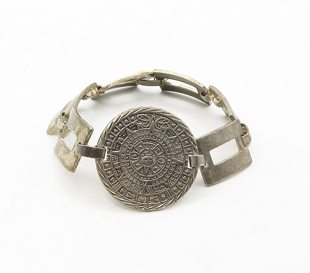 MEXICO 925 Sterling Silver  Vintage Mayan Sun Calendar Chain Bracelet  BT6292