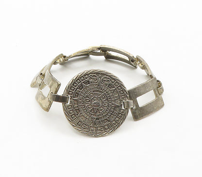 MEXICO 925 Sterling Silver  Vintage Mayan Sun Calendar Chain Bracelet  BT6292