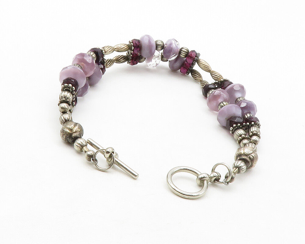 925 Sterling Silver  Vintage Amethyst Beaded Pattern Chain Bracelet  BT5071