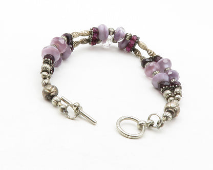 925 Sterling Silver  Vintage Amethyst Beaded Pattern Chain Bracelet  BT5071