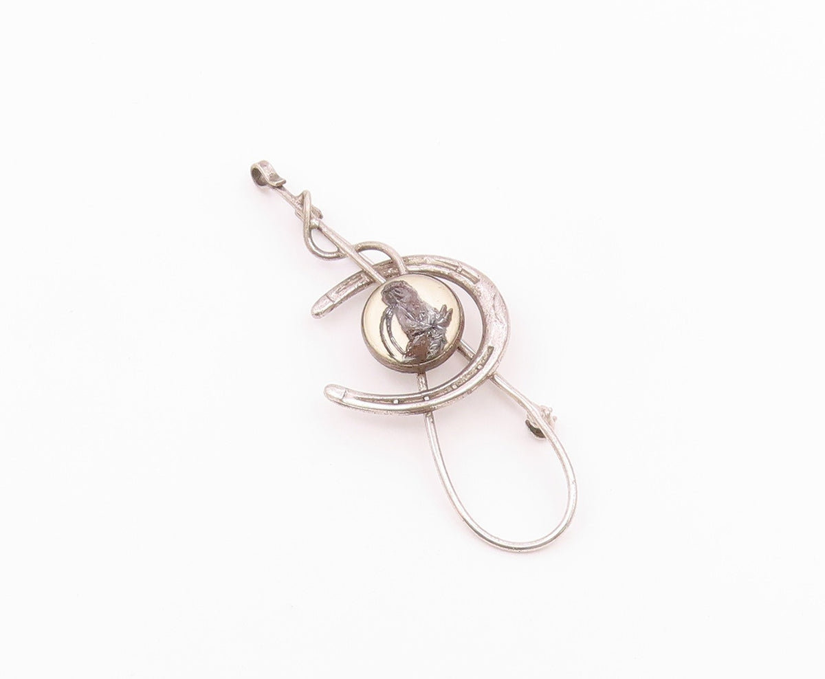 925 Sterling Silver  Vintage Horseshoe & Whip Good Luck Brooch Pin  BP9217