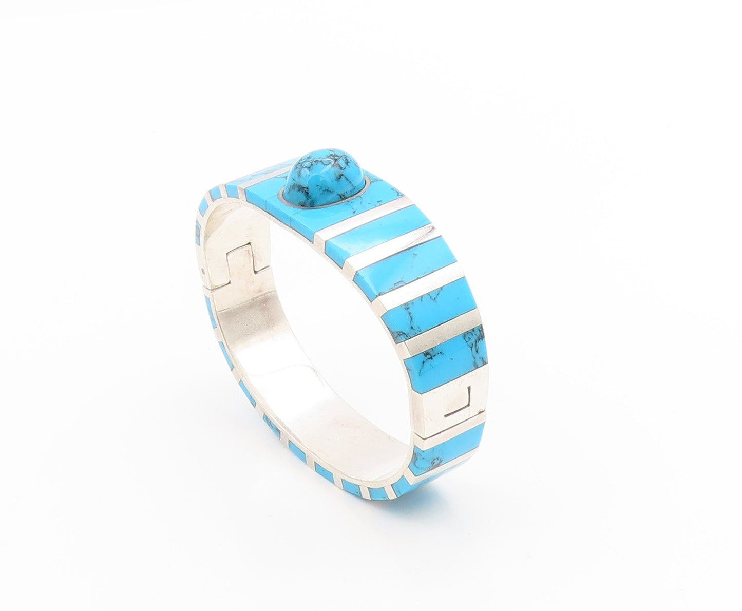 925 Sterling Silver Vintage Bracelet MEXICO Turquoise Inlay Bangle  BT11775