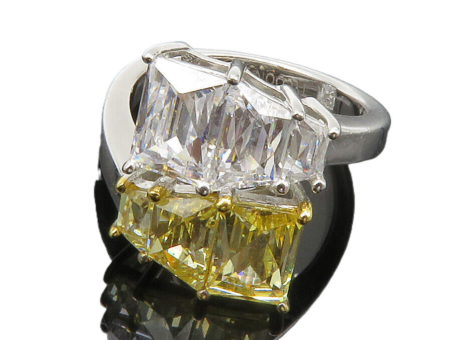 925 Sterling Silver  Yellow & White Cubic Zirconia Bypass Ring Sz 5  RG13341