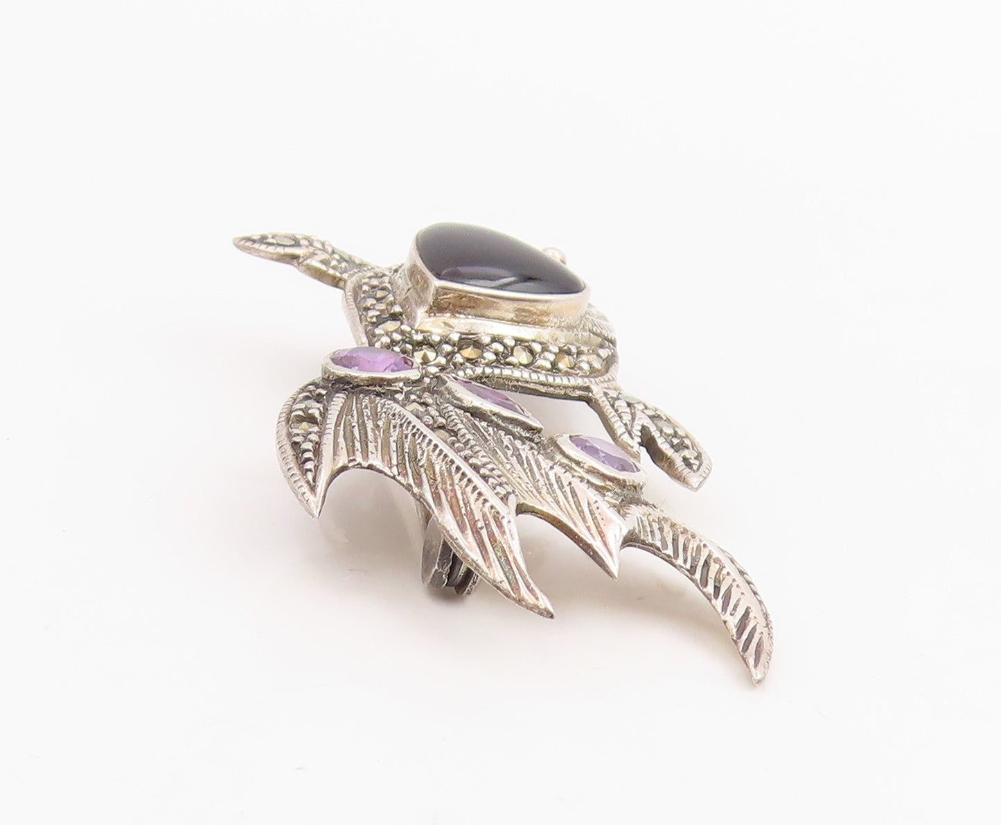 925 Sterling Silver Vintage Brooch Heart Shape Onyx & Amethyst Koi Fish  BP12302