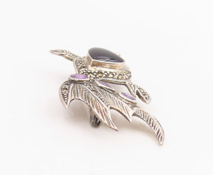 925 Sterling Silver Vintage Brooch Heart Shape Onyx & Amethyst Koi Fish  BP12302