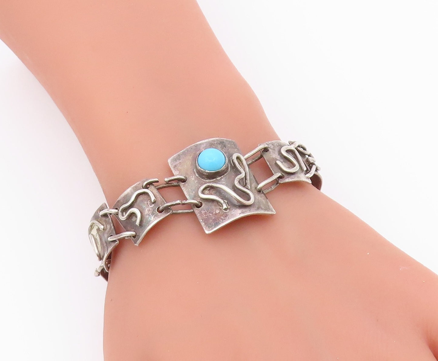 925 Sterling Silver  Vintage Turquoise Swirl Spiral Chain Bracelet  BT8929