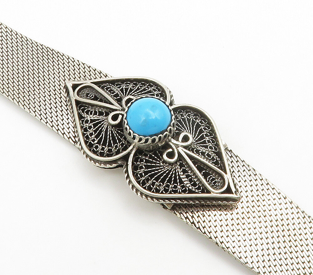 MIDDLE EAST 925 Silver  Vintage Cabochon Cut Turquoise Chain Bracelet  BT5876