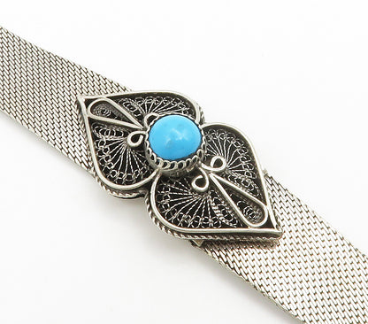 MIDDLE EAST 925 Silver  Vintage Cabochon Cut Turquoise Chain Bracelet  BT5876