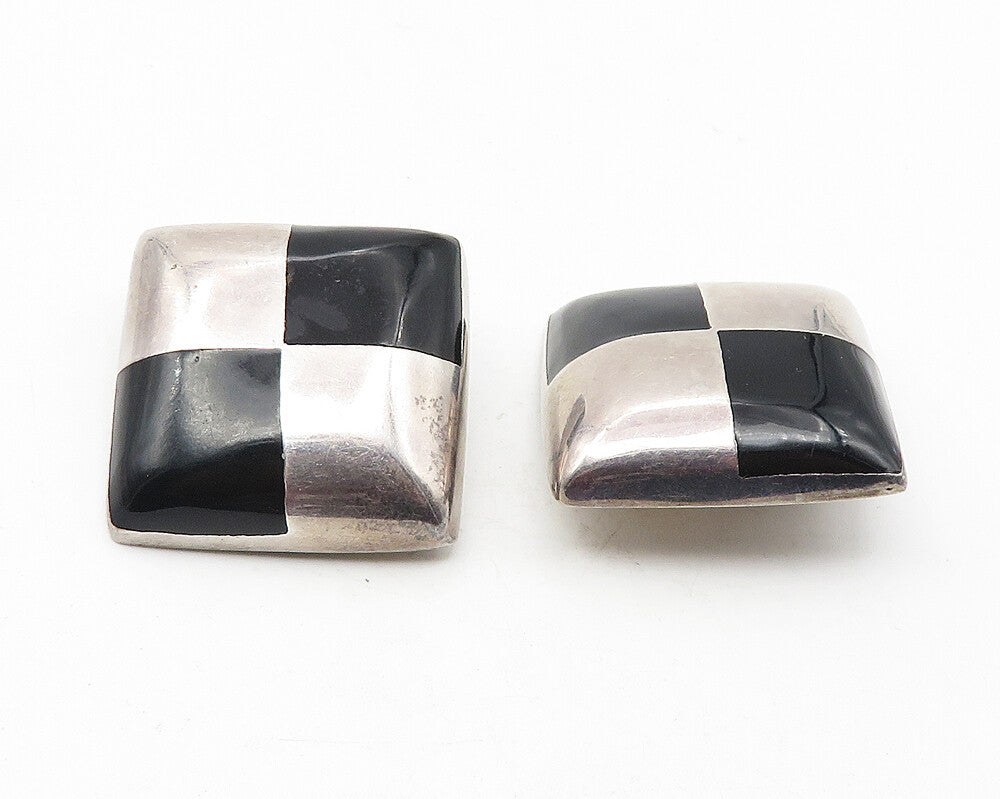 MEXICO 925 Silver  Vintage Black Onyx Checkered Non Pierce Earrings  EG5895