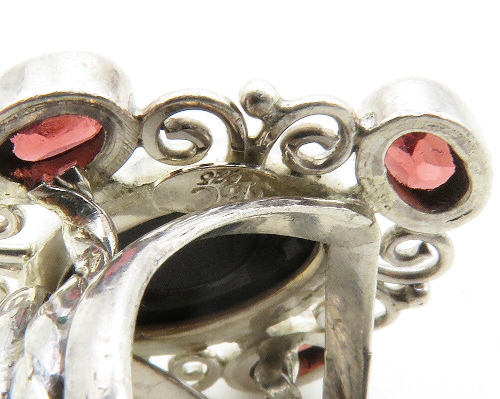925 Sterling Silver  Black Onyx & Red Topaz Swirl Cocktail Ring Sz 7  RG13296