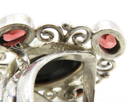 925 Sterling Silver  Black Onyx & Red Topaz Swirl Cocktail Ring Sz 7  RG13296