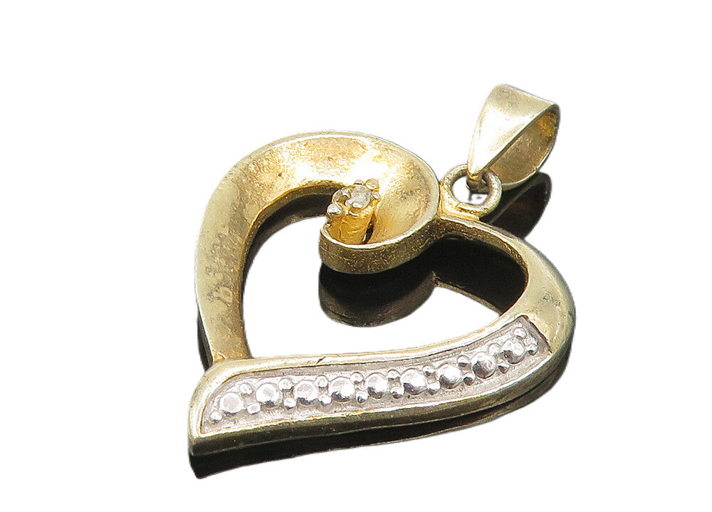 925 Sterling Silver  Vintage Genuine Diamond 2 Tone Love Heart Pendant  PT9183