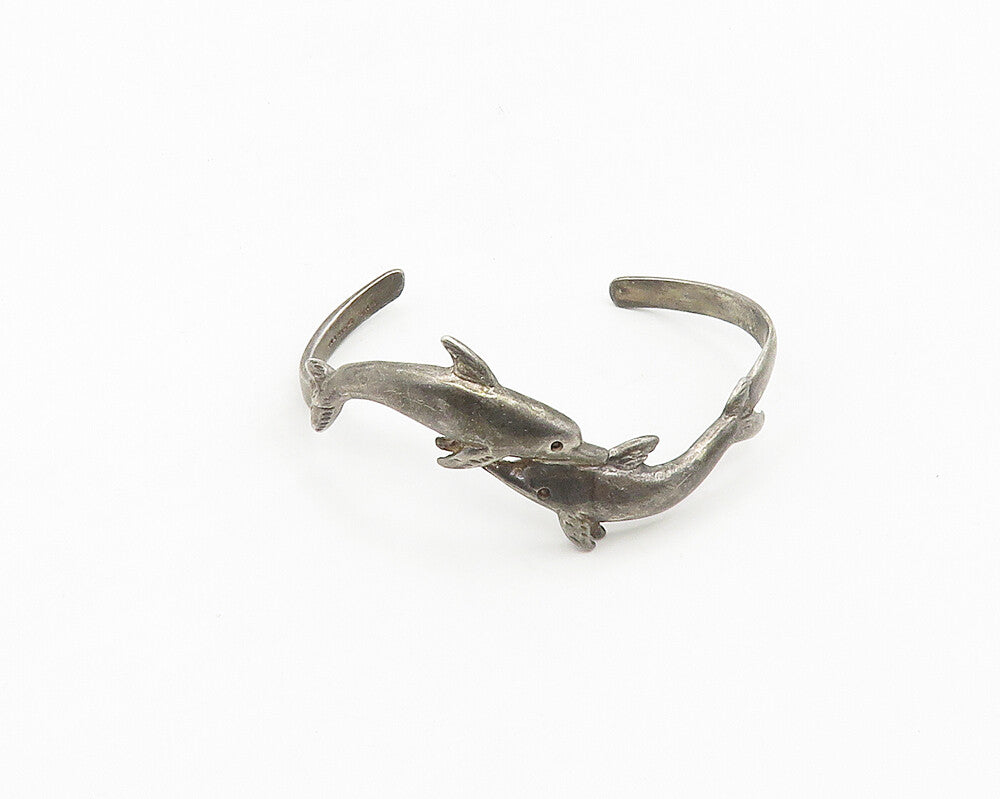 MEXICO 925 Sterling Silver  Vintage Oxidized Dolphins Cuff Bracelet  BT6986