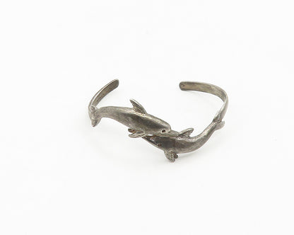 MEXICO 925 Sterling Silver  Vintage Oxidized Dolphins Cuff Bracelet  BT6986