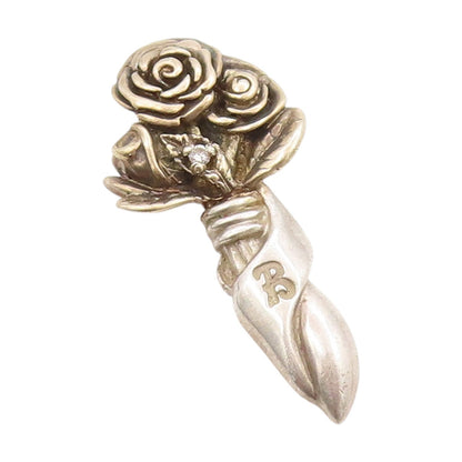 925 Sterling Silver Vintage Pendant KEEPSAKE Real Diamond Floral Roses  PT25101
