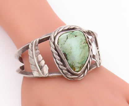 925 Sterling Silver Vintage Bracelet NAVAJO Turquoise Etched Leaf Cuff  BT11979