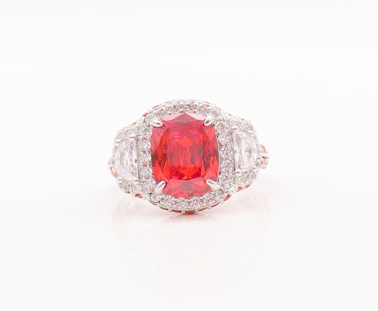 925 Sterling Silver Vintage Ring Rectangle Orange Halo White CZ  Sz 7  RG29640