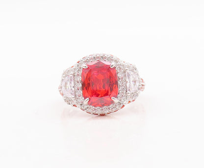 925 Sterling Silver Vintage Ring Rectangle Orange Halo White CZ  Sz 7  RG29640