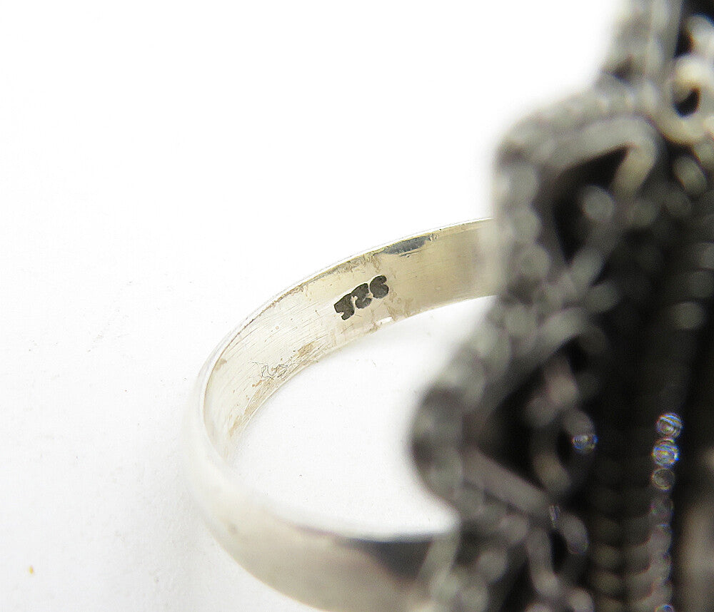 925 Sterling Silver  Vintage Cabochon Black Onyx Cocktail Ring Sz 7.5  RG4501