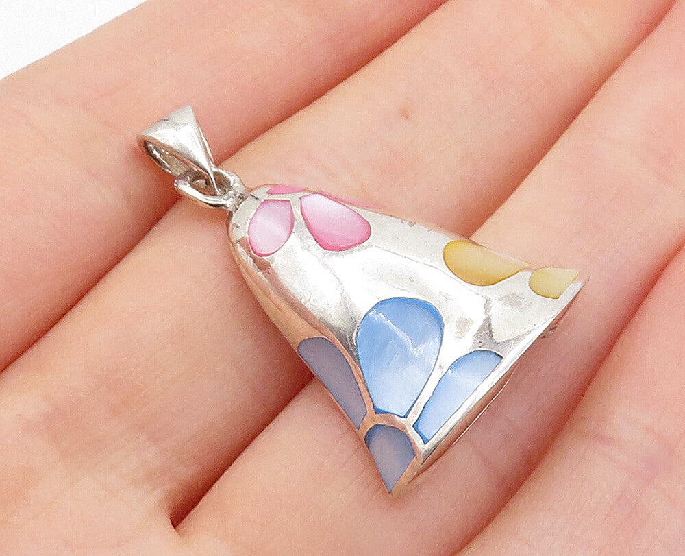 925 Sterling Silver  Blue Mother Of Pearl Floral Pattern Bell Pendant  PT5566