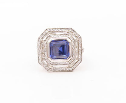 925 Sterling Silver Vintage Ring Square Sapphire Halo CZ Bands  Sz 7  RG30786