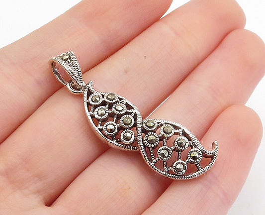 925 Sterling Silver  Vintage Marcasite Decorated Swirl Drop Pendant  PT5754