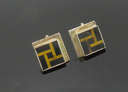 K&J SAVVIT 925 Silver  Vintage Onyx & Tiger's Eye Non Pierce Earrings  EG10058
