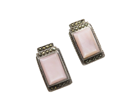 925 Sterling Silver  Vintage Mother Of Pearl & Marcasite Drop Earrings  EG6520