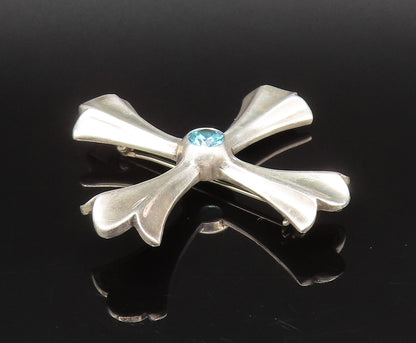 925 Sterling Silver  Vintage Fancy Blue Topaz Fluted Cross Brooch Pin  BP10067