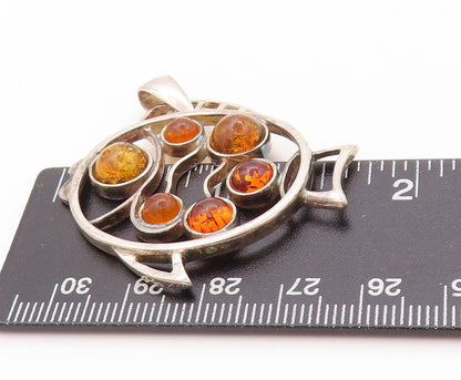 925 Sterling Silver Vintage Pendant Honey Amber Cutout Tropical Fish  PT24163