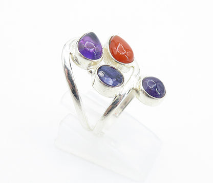 925 Sterling Silver  Coral & Amethyst Cluster Split Cocktail Ring Sz 7  RG7790